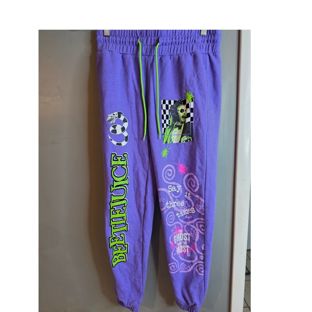 Beetlejuice Graphic Sweatpants Purple Joggers XS Say It Three Times Sandworm